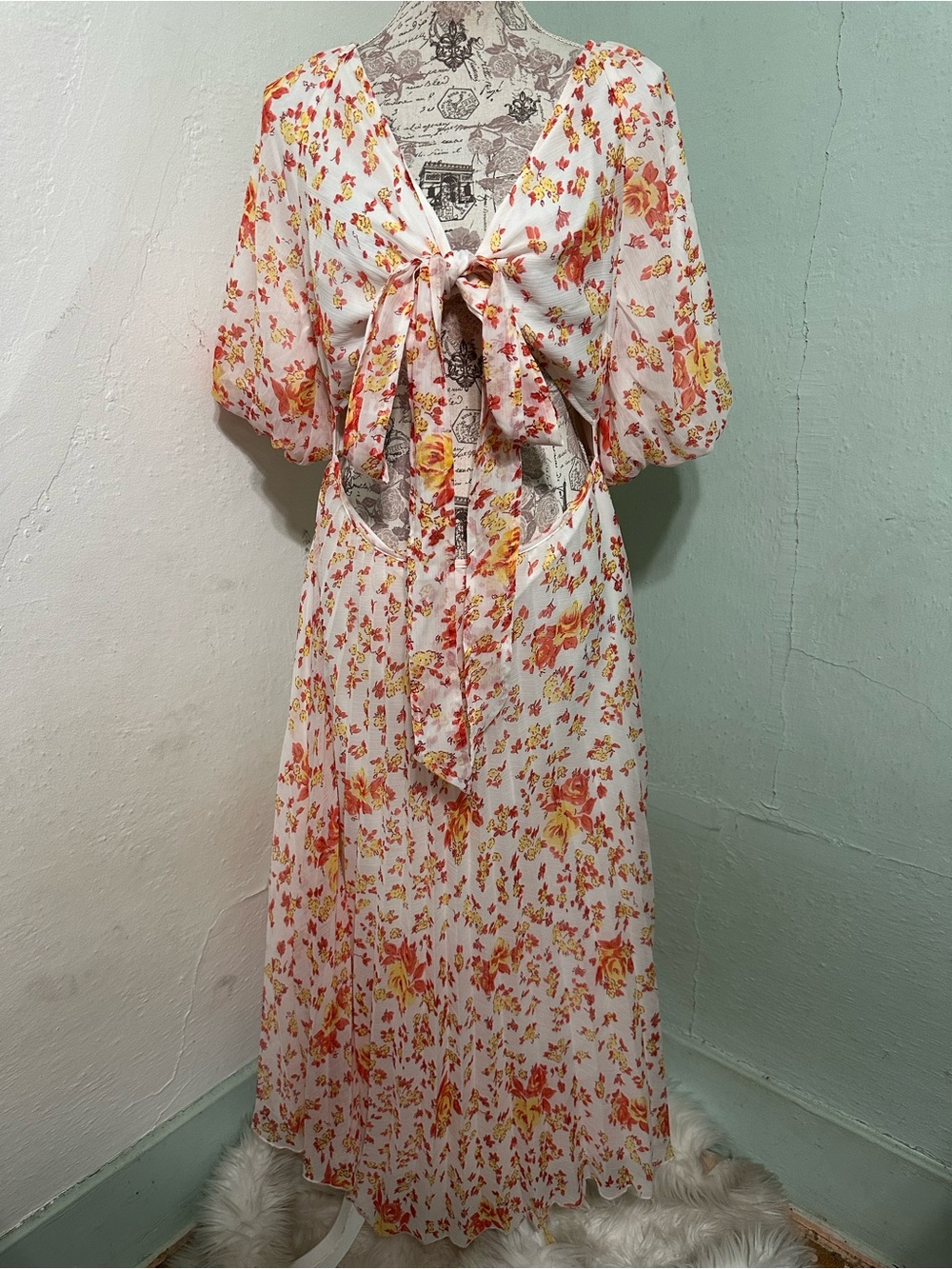 ASOS White Maxi Dress Orange & Yellow Floral cut out size 12 lined